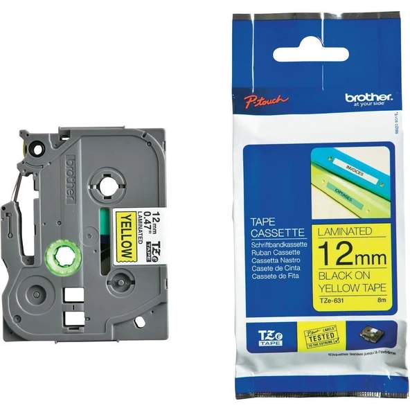 Brother TZE-631 12 mm Sarı Üzeri Siyah Laminasyonlu Etiket ürün görseli 1