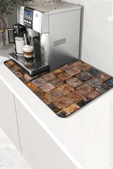 Valerine Life Kahve Makinesi Matı Rustik Kütük Kolajı Çaycı ve Espresso Makinesi Pad 35x45cm ürün görseli 1