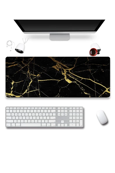 SonicTouch Siyah Mermer Sarı Çizgili Gamer Oyuncu Dikişsiz Sıvı Geçirmez Klavye Mouse Pad 32x70Cm ürün görseli 1