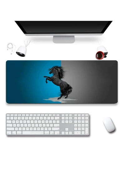 SonicTouch Şahlanan Ahal Teke Mavi Gri Gamer Oyuncu Dikişsiz Sıvı Geçirmez Klavye Mouse Pad 32x70Cm ürün görseli 1