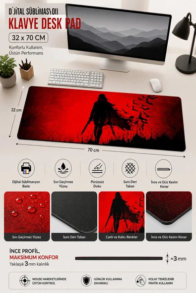 SonicTouch Klavye Mouse Pad 32x70Cm Crimson Siren Vampir Kadın Kırmızı Gamer Oyuncu Sıvı Geçirmez ürün görseli 1