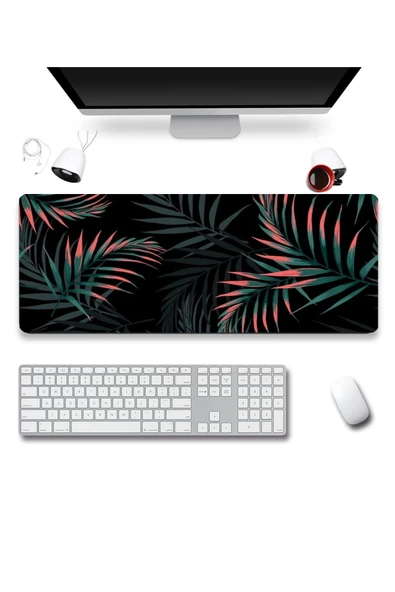 SonicTouch Bohem Palmiye Yaprakları Siyah Gamer Oyuncu Dikişsiz Sıvı Geçirmez Klavye Mouse Pad 32x70Cm ürün görseli 1