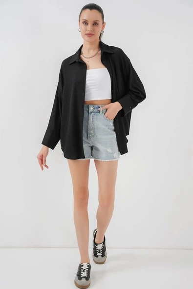 Örme Oversize Gömlek 20264 - Siyah - Resim 3