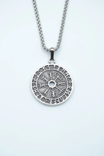 Vegvisir Pusula - Viking Sembol Gümüş Kaplama Örme Zincir Kolye ürün görseli 1