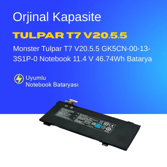 Monster Tulpar T7 V20.5.5 GK5CN-00-13-3S1P-0 Notebook 11.4 V 46.74Wh Batarya – Orjinal Uyumlu, Yüksek Performanslı ürün görseli 1