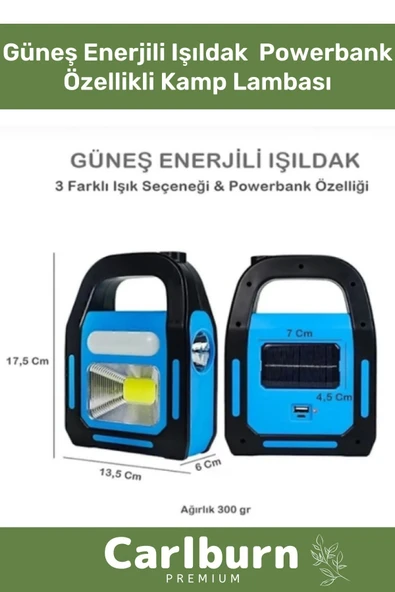 Özel Üretim Darbeye Dayanıklı 300 Gram Usb Güneş Enerjili Işıldak Powerbank Özellikli Kamp Lambası ürün görseli 1