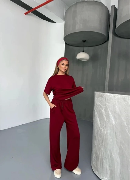 Osy Modal Yumuşak Dokulu Kumaş   Kısa Kollu Bluz Rahat Pantalon Ikili Takım- Bordo ürün görseli 1