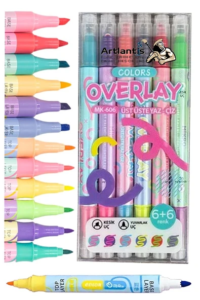 Overlay Fosforlu Kalem 6+6 Renk 1 Paket 12 Renk İnce ve Kesik Uçlu Fosforlu İşaretleme Kalemi Keçe Uçlu Kalem ürün görseli 1