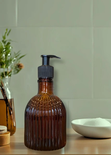 Desenli Cam Sıvı Sabunluk 350 ml Anber Kahve Şık ve Estetik 17X8,5 Cm ürün görseli 1