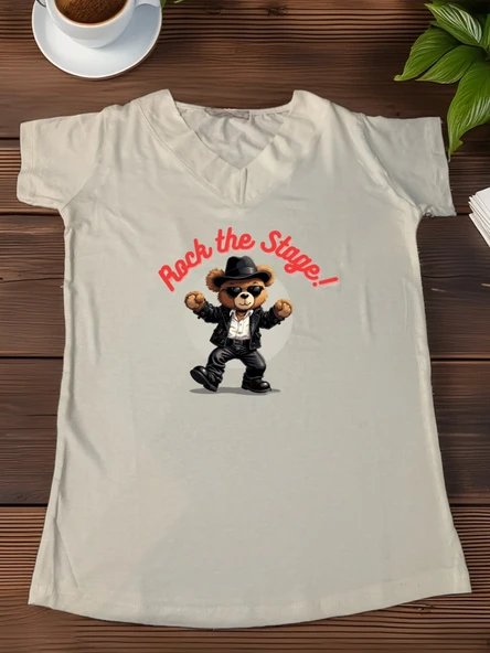 Rock the Stage Ayıcık Baskılı Kadın Tişörtü   Eğlenceli ve Tarz Sahibi Tasarım ürün görseli 1