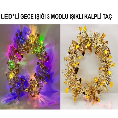 Periboia Kalp Püsküllü 3 Modlu LED Işıklı Taç Altın Renk ürün görseli 1