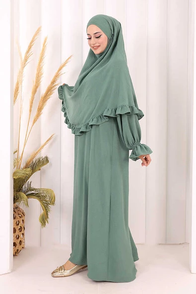 Sufleli Namaz Elbisesi 6034 Mint - Resim 3