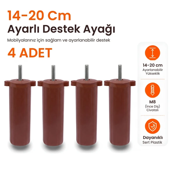 Kanepe Baza Koltuk Destek Ayağı M8 Civata Ayarlı Kahverengi Ayak 14 cm (4 ADET) ürün görseli 1