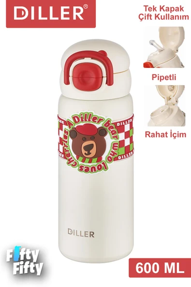 DILLER 600 ML Tek Kapak Çift Kullanım Pipetli/Pipetsiz Taşıma Kulplu Vacum Cup/Çelik Termos -FFDILLERD9238 ürün görseli 1