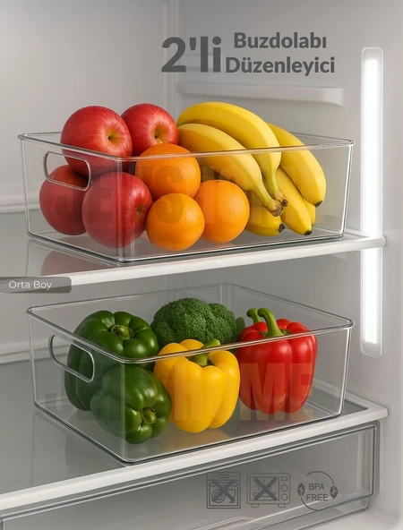 2'li Buzdolabı İçi Düzenleyici Saklama Organizeri Bpa Free Düzenleyici Darbeye Dayanıklı 28X19X9 cm ürün görseli 1