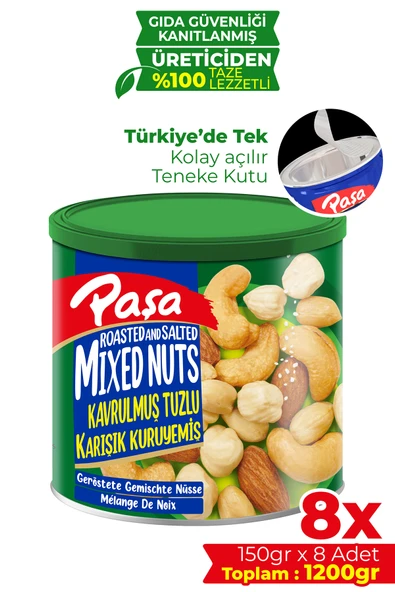 Paşa Kuruyemiş Kavrulmuş Karışık Kuruyemiş Teneke Kutu 150 gr X 8 Adet (1200 gr) ürün görseli 1