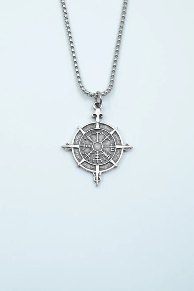 Viking Vegvisir Pusula  Gümüş Kaplama Örme Zincir Kolye ürün görseli 1