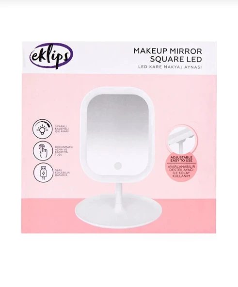 3 Renk Led'li Taşınabilir Şarjlı Işıklı KARE Makyaj Aynası Beyaz Renk ürün görseli 1