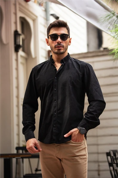 Slim Fit Kadife Gömlek - Siyah - Resim 2