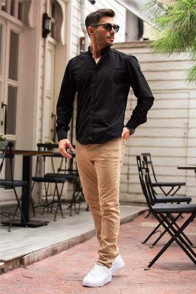 Slim Fit Kadife Gömlek - Siyah - Resim 3