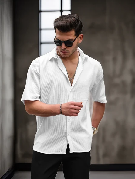 Oversize Rahat Fitilli Kısa Kol Erkek Gömlek - Beyaz ürün görseli 1