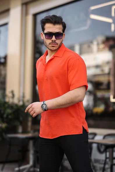 Polo Yaka Oversize Yarım Pat  Bambu Kısa Kol Gömlek - Turuncu ürün görseli 1