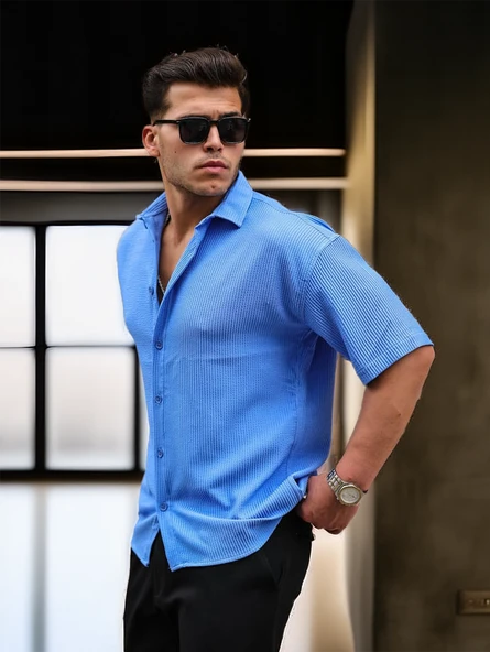 Oversize Rahat Fitilli Kısa Kol Erkek Gömlek- Mavi ürün görseli 1