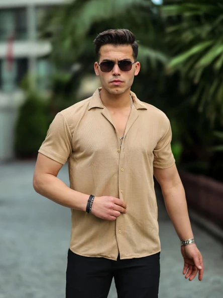 Çizgi Şeritli Kısa Kol Fit Gömlek - Bej ürün görseli 1