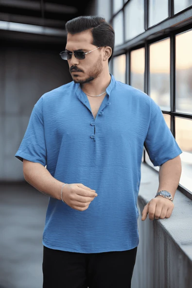 Wes Oversize Yarım Pat Bambu Kısa kol Gömlek - Mavi ürün görseli 1