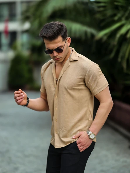 Çizgi Şeritli Kısa Kol Fit Gömlek - Bej - Resim 2
