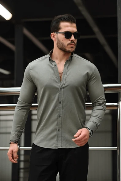 Likralı Regular Fit Nefes Alabilir Klasik Erkek Oxford Gömlek - Haki ürün görseli 1