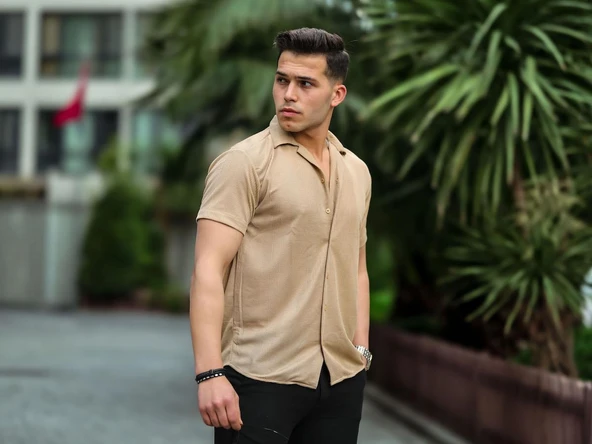 Çizgi Şeritli Kısa Kol Fit Gömlek - Bej - Resim 5