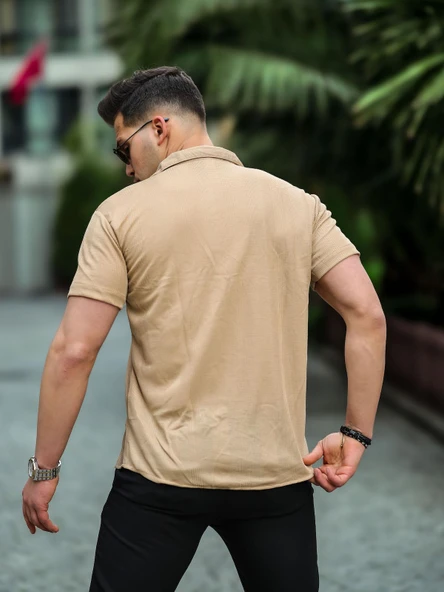 Çizgi Şeritli Kısa Kol Fit Gömlek - Bej - Resim 3