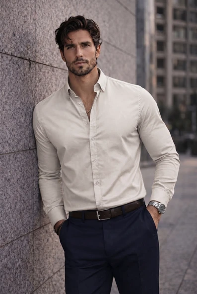 Likralı Regular Fit Nefes Alabilir Klasik Erkek Oxford Gömlek -Taş ürün görseli 1