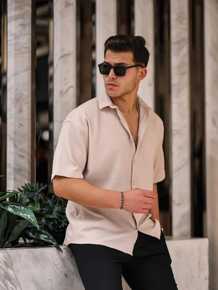 Oversize Rahat Fitilli Kısa Kol Erkek Gömlek - Bej ürün görseli 1