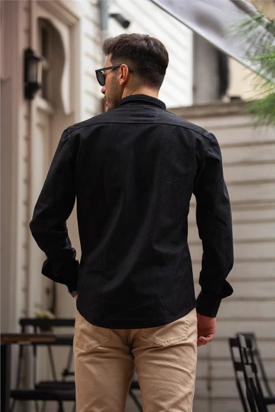 Slim Fit Kadife Gömlek - Siyah - Resim 6