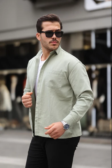 Tek Cepli Oversize Gabardin Kumaş Erkek Gömlek - Açık Yeşil ürün görseli 1