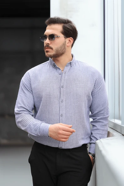 Çizgili Müslin Kumaş Yakalı Erkek Gömlek - Lacivert ürün görseli 1