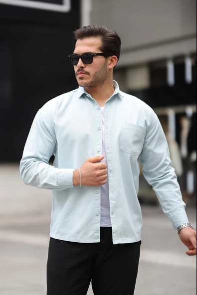 Tek Cepli Oversize Gabardin Kumaş Erkek Gömlek - Bebe Mavi ürün görseli 1
