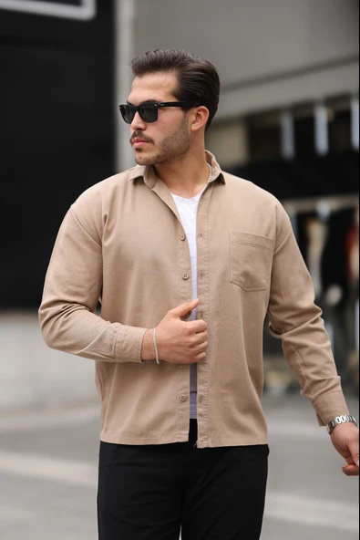 Tek Cepli Oversize Gabardin Kumaş Erkek Gömlek - Bej ürün görseli 1