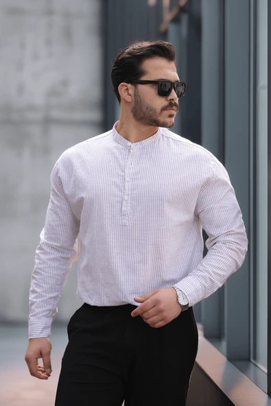 Yarım Pat Dik Şeritli Flam Keten Erkek Gömlek - Bej ürün görseli 1