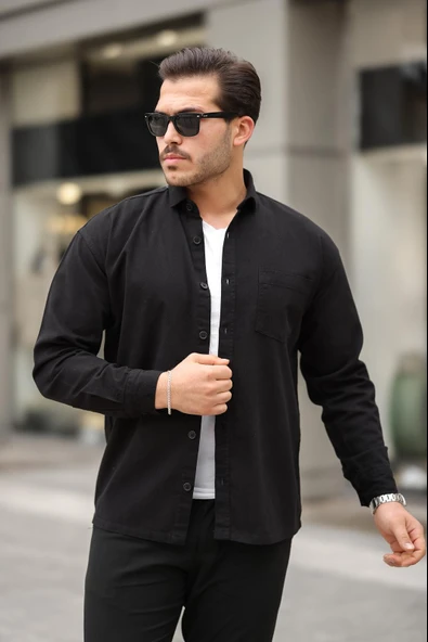 Tek Cepli Oversize Gabardin Kumaş Erkek Gömlek - Siyah ürün görseli 1