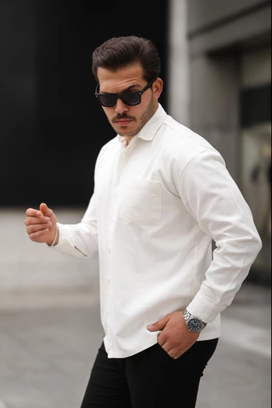 Tek Cepli Oversize Gabardin Kumaş Erkek Gömlek - Beyaz ürün görseli 1
