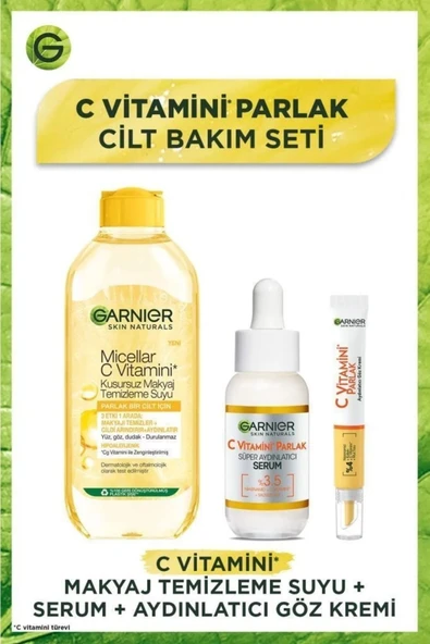 GARNİER C Vitamini Parlak Aydınlatıcı Göz Kremi 15ml + Süper Aydınlatıcı Serum 30ml + Makyaj Temizleme Suyu ürün görseli 1