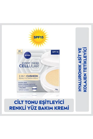 NIVEA Cellular Expert Finish 3in1 Cushion Renkli Açık Ton Yüz Bakım Kremi 15ml, Hyaluron ve Kolajen ürün görseli 1