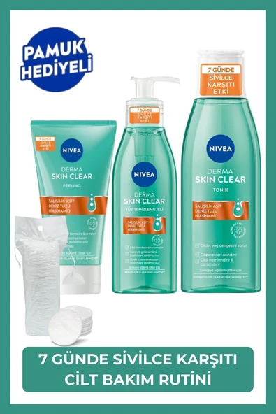 NIVEA Derma Skin Clear Sivilce Karşıtı Yüz Temizleme Jeli 150ml,Tonik 200ml,Peeling 150ml,Yağlı Cilt,Pamuk ürün görseli 1