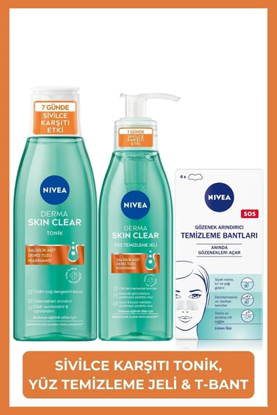 NIVEA Derma Skin Clear Sivilce Karşıtı Yüz Temizleme Jeli 150ml, Tonik 200ml, T-Bölgesi Burun Bandı ürün görseli 1