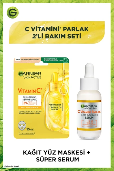 GARNİER C Vitamini Parlak 2'li Bakım Seti Kağıt Yüz Maskesi + Süper Aydınlatıcı Serum ürün görseli 1