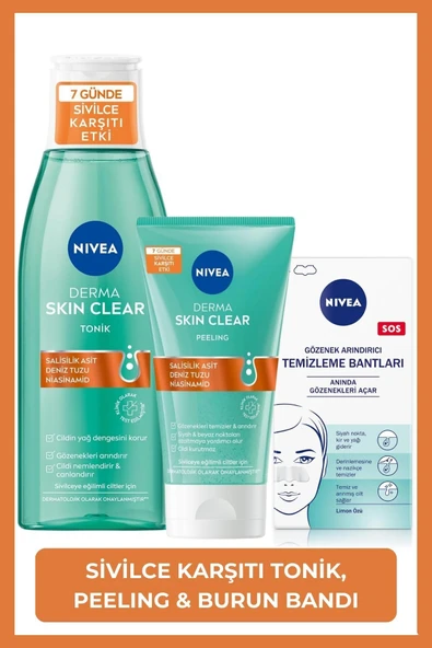 NIVEA Derma Skin Clear Sivilce Karşıtı Peeling 150ml,Tonik 200ml, T-Bölgesi & Siyah Nokta Temizleyici Bant ürün görseli 1