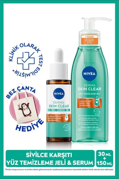NIVEA Karşıtı Derma Skin Clear Yüz Temizleme Jeli 150ml Ve Dengeleyici Serum 30ml,bez Çanta Hediye ürün görseli 1